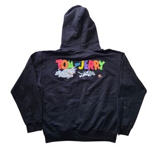 Tom And Jerry Mens Graphic Black  Distressed Pullover Hoodie